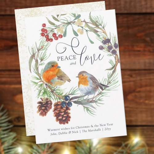 Peace  Love Christmas Robin Mistletoe Pine Wreath Holiday Card