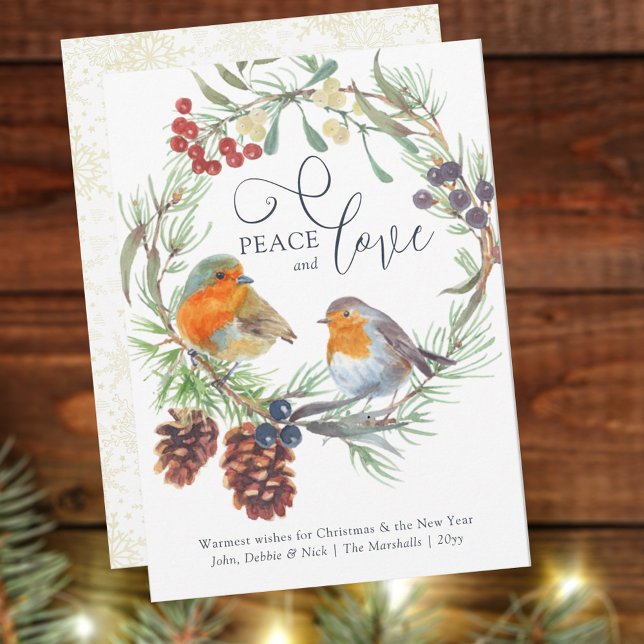 Peace & Love Christmas Robin Mistletoe Pine Wreath Holiday Card (Creator Uploaded)