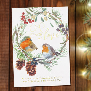 Peace & Love Christmas Robin Pine Wreath Gold Foil Holiday Card