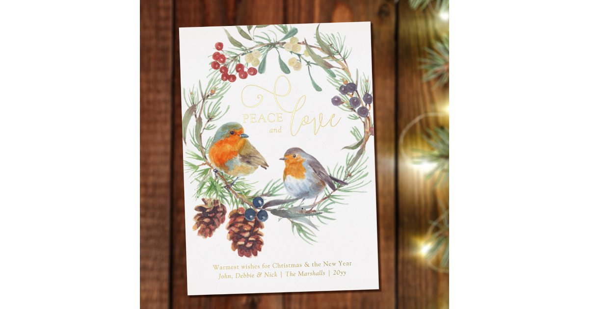 Peace & Love Christmas Robin Pine Wreath Gold Foil Holiday Card | Zazzle