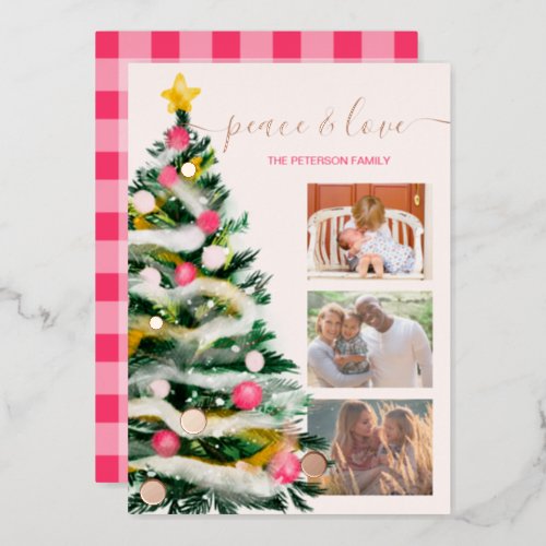 Peace love Christmas tree watercolor 3 photos Foil Holiday Card