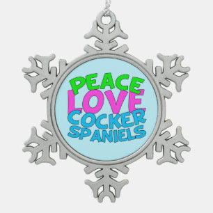 Peace Love Cocker Spaniels Snowflake Pewter Christmas Ornament