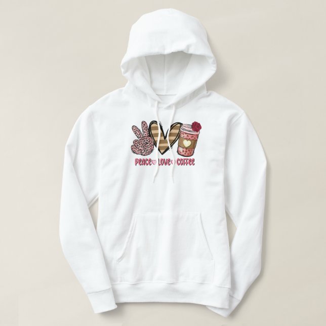 Peace Love Coffee Pink Leopard Valentines Day Prem Hoodie (Design Front)
