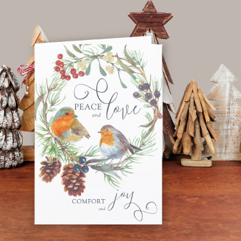 Peace Love Comfort Joy Christmas Wreath Nature Holiday Card by darlingandmay at Zazzle