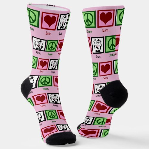 Peace Love Cows Cute Pink Cow Socks