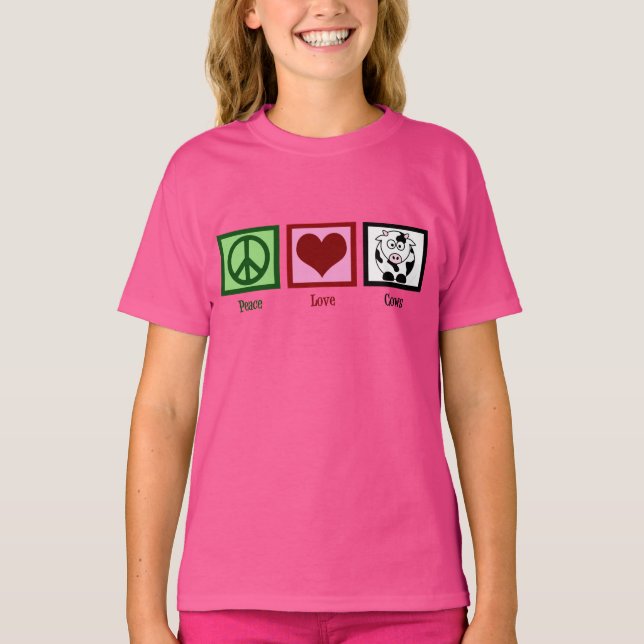 Peace Love Cows Cute Pink Kids T-Shirt (Front)
