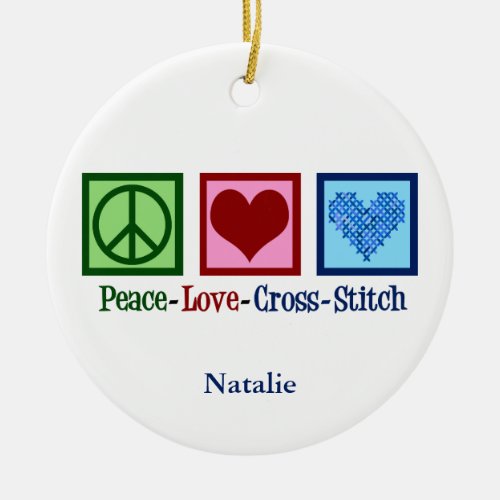 Peace Love Cross Stitch Cute Personalized Ceramic Ornament