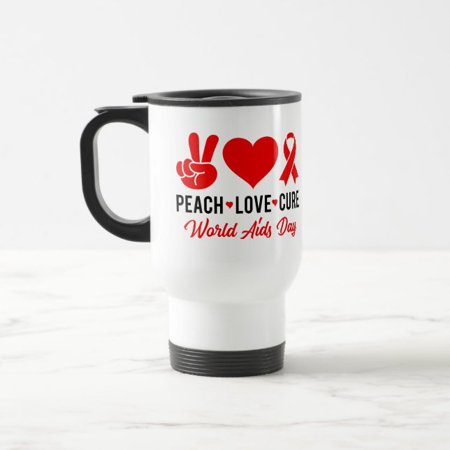 Peace Love Cure | AIDS Awareness Travel Mug (Left)