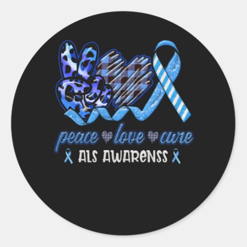 Peace Love Cure Blue And White Ribbon ALS Month Classic Round Sticker