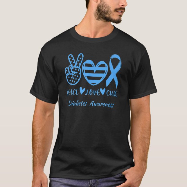 Peace Love Cure Blue Ribbon Diabetes Awareness and T-Shirt (Front)