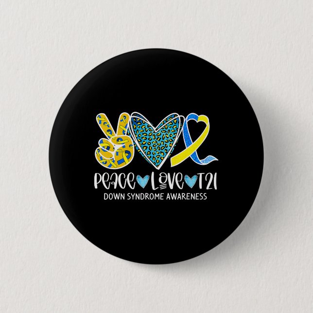Peace Love Cure Blue & Yellow Ribbon Down Syndrome Button (Front)