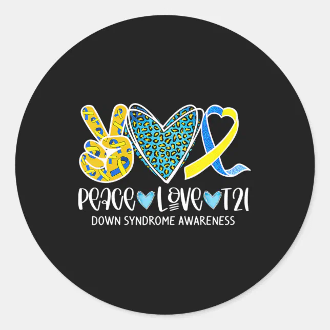 Peace Love Cure Blue & Yellow Ribbon Down Syndrome Classic Round ...