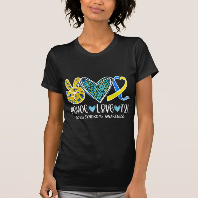 Peace Love Cure Blue & Yellow Ribbon Down Syndrome T-Shirt (Front)