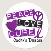 PEACE LOVE CURE CROHNS DISEASE CLASSIC ROUND STICKER