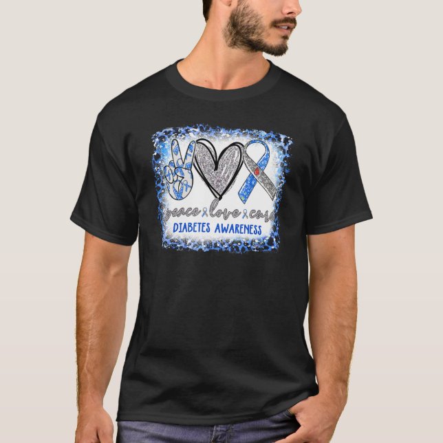 Peace Love Cure Diabetes Awareness Blue Gray Ribbo T-Shirt (Front)