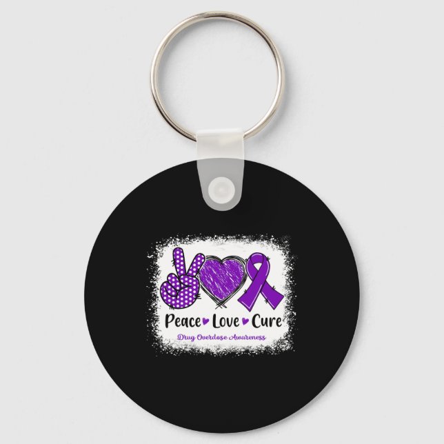 Peace Love Cure Drug Overdose Awareness Purple Rib Keychain (Front)