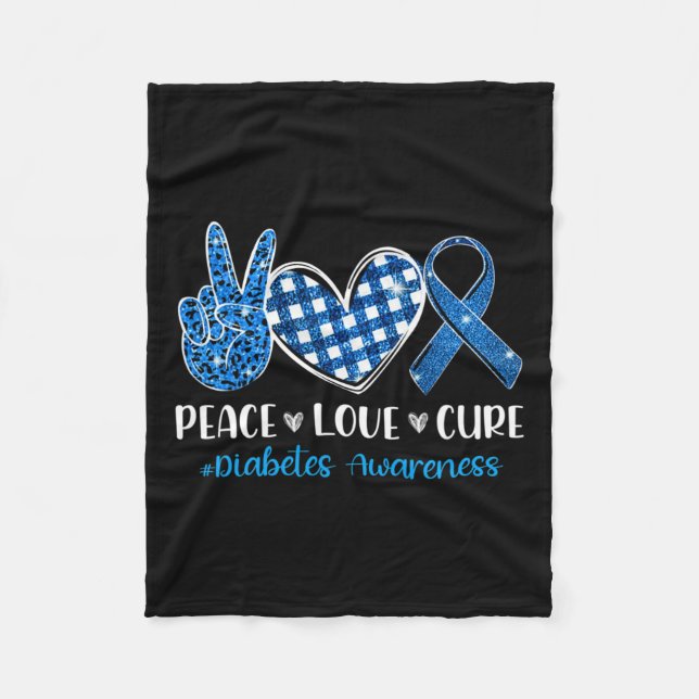 Peace Love Cure Grey Blue Ribbon Diabetes Awarenes Fleece Blanket (Front)
