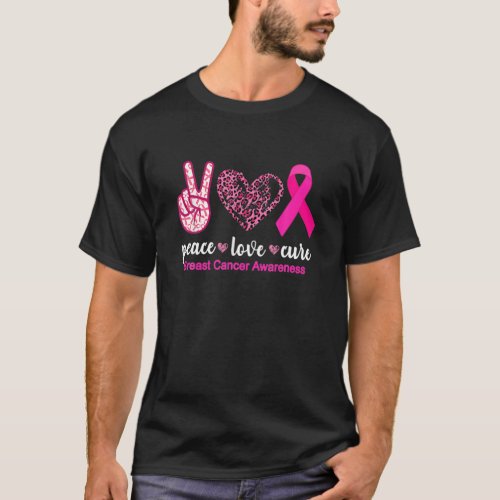 Peace Love Cure Leopard Pink Ribbon Breast Cancer  T_Shirt