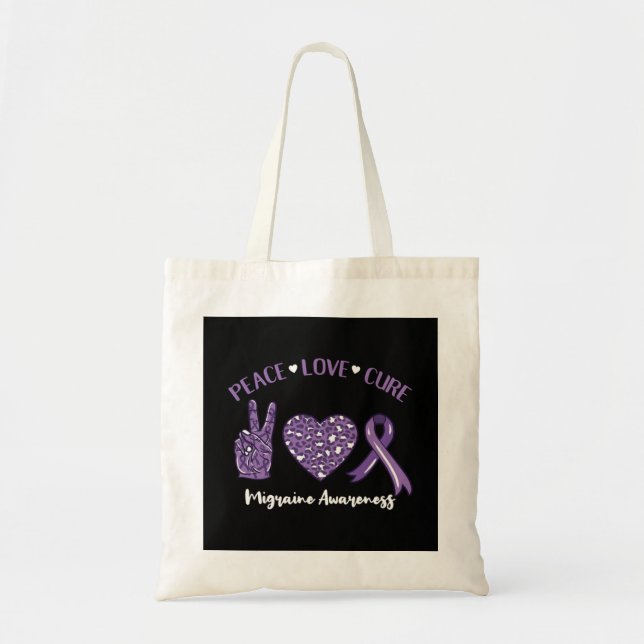 Peace Love Cure Migraine Awareness Ribbon Tote Bag (Front)