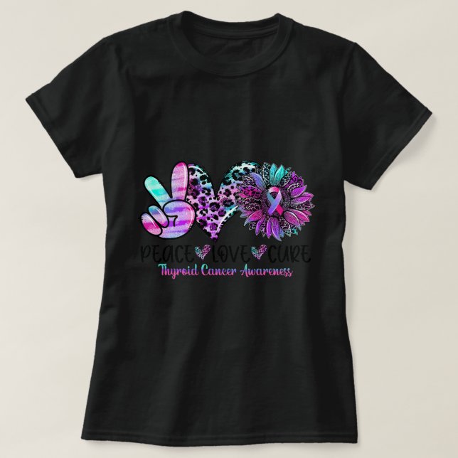 Peace Love Cure Sunflower Purple Pink Ribbon Thyro T-Shirt (Design Front)