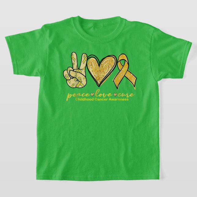 Peace Love Cure Yellow Ribbon Childhood Cancer Awa T-Shirt (Laydown)