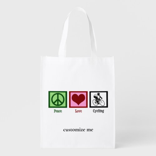 Peace Love Cycling Cute Custom Cyclist Grocery Bag