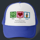 Peace Love Debate Team Custom School Trucker Hat<br><div class="desc">A cute custom speech and debate team shot glass gift with a peace sign,  heart,  and someone who stands behind a podium speaking. Customize with your high school,  college or university name.</div>