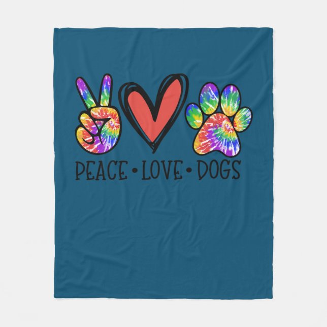 Peace Love Dogs Paws Tie Dye Rainbow Animal Rescue Fleece Blanket (Front)