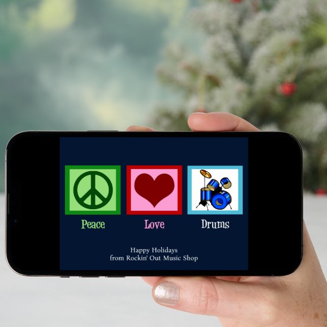 Peace Love Drums Custom Music Shop Christmas Holiday Card (Front Digital)