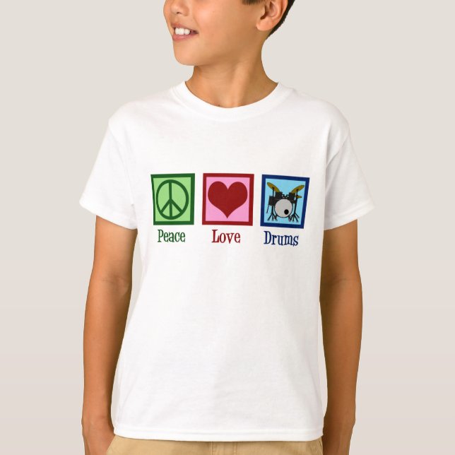 Peace Love Drums Cute Kids Drummer T-Shirt (Front)