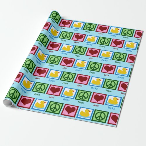 Peace Love Ducks Cute Baby Shower Blue Wrapping Paper