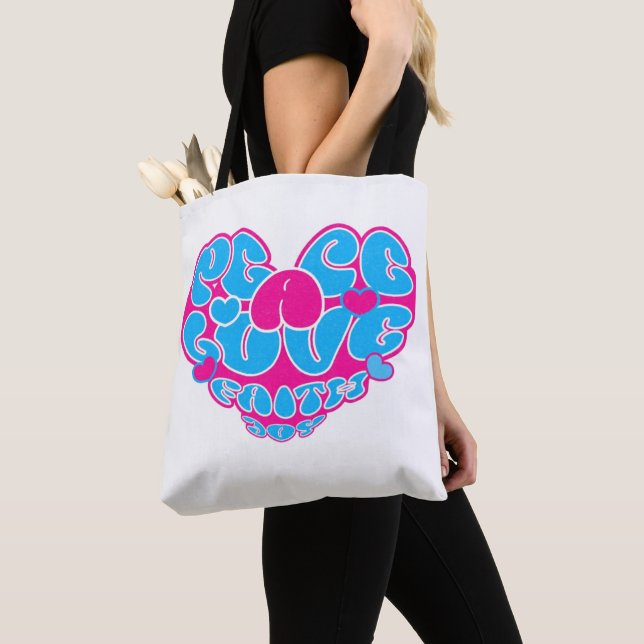 Peace Love Faith Joy Aqua Pink Heart Retro Tote Bag (Close Up)