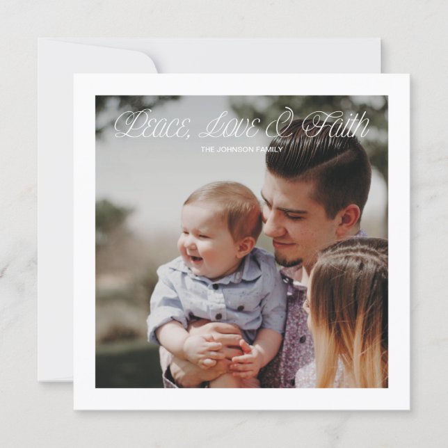 Peace, Love & Faith Modern Christmas Photo Card (Front)