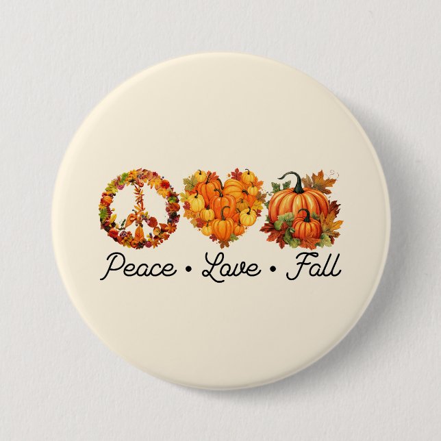 Peace, Love, Fall – Cozy Autumn Vibes with Pumpkin Button (Front)