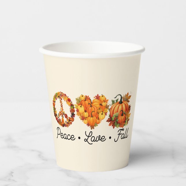 Peace, Love, Fall – Cozy Autumn Vibes with Pumpkin Paper Cups (Front)