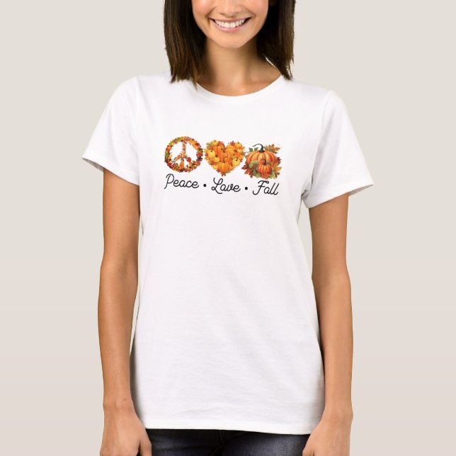Peace, Love, Fall – Cozy Autumn Vibes with Pumpkin T-Shirt (Front)