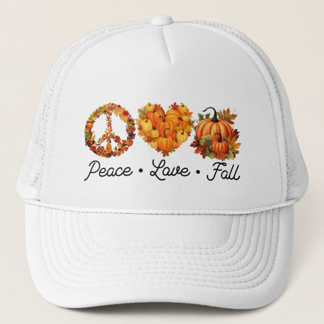 Peace, Love, Fall – Cozy Autumn Vibes with Pumpkin Trucker Hat (Front)