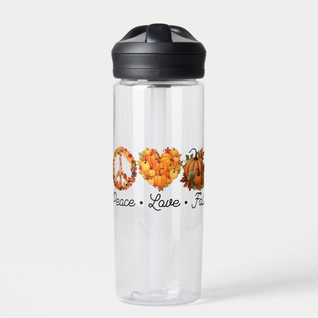 Peace, Love, Fall – Cozy Autumn Vibes with Pumpkin Water Bottle (Front)