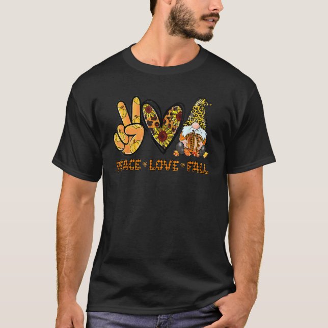 Peace Love Fall  Gnome Autumn  Pumpkins Halloween T-Shirt (Front)