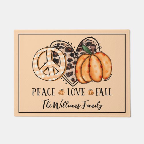 Peace Love Fall Heart Pumpkin Family Name Doormat