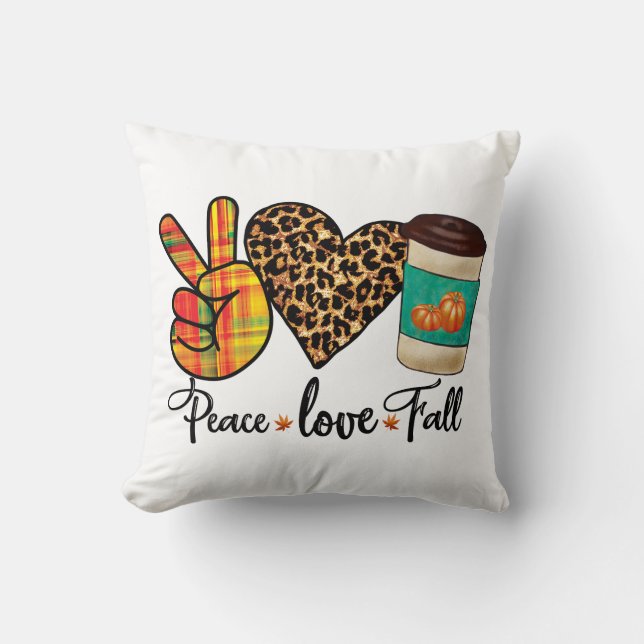 Peace, Love, Fall Leopard Pumpkin Spice Latte Throw Pillow (Front)