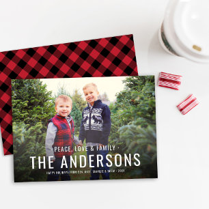 Peace Love Family Buffalo Plaid Photo Holiday Card