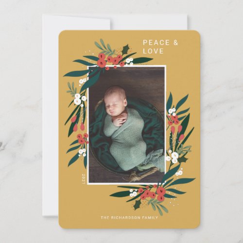 Peace  Love Festive Cranberry  Foliage Photo Holiday Card