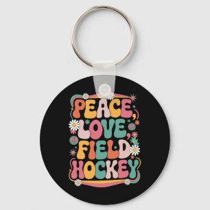 Peace Love Field Hockey 70s Hippie Retro Field Hoc Keychain