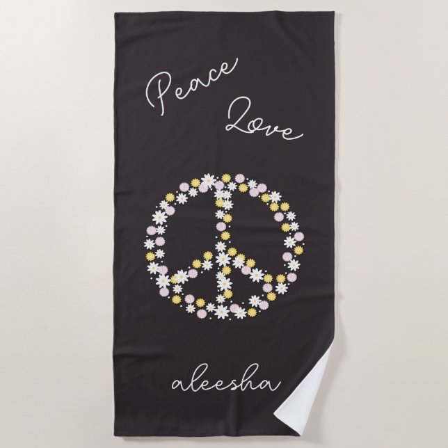 Peace Love Floral Peace Sign Personalized Beach Towel (Front)