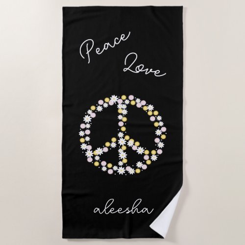 Peace Love Floral Peace Sign Personalized Black Beach Towel