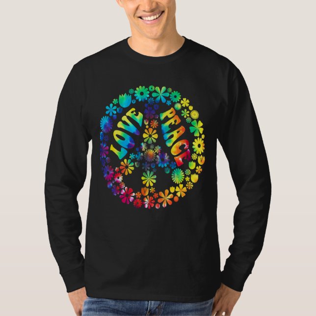 Peace Love Flowers Graphic Peace Sign Tie Dye T-Shirt (Front)
