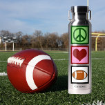 Peace Love Football Player Personalized Water Bottle<br><div class="desc">Personalize this cute Peace Love Football water bottle with a player or coach name under the peace sign,  heart,  and ball. A cool sports gift for Christmas.</div>