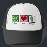 Peace Love Forensics Department Forensic Lab Card Trucker Hat<br><div class="desc">If you find forensic science fascinating,  this is a cool hat for a forensic scientist. It features a peace sign,  heart,  and fingerprint for a detective in crime scene investigation. Peace Love Forensics hat.</div>