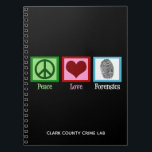 Peace Love Forensics Department Forensic Lab Notebook<br><div class="desc">A cool forensic science notebook for a scientist or crime scene expert who is obsessed with true crime and solving murder cases. It features a peace sign, heart, and fingerprint. A cute gift for a crime lab analyst or technician who reviews evidence to investigate and solve cases. Addicted to murder...</div>
